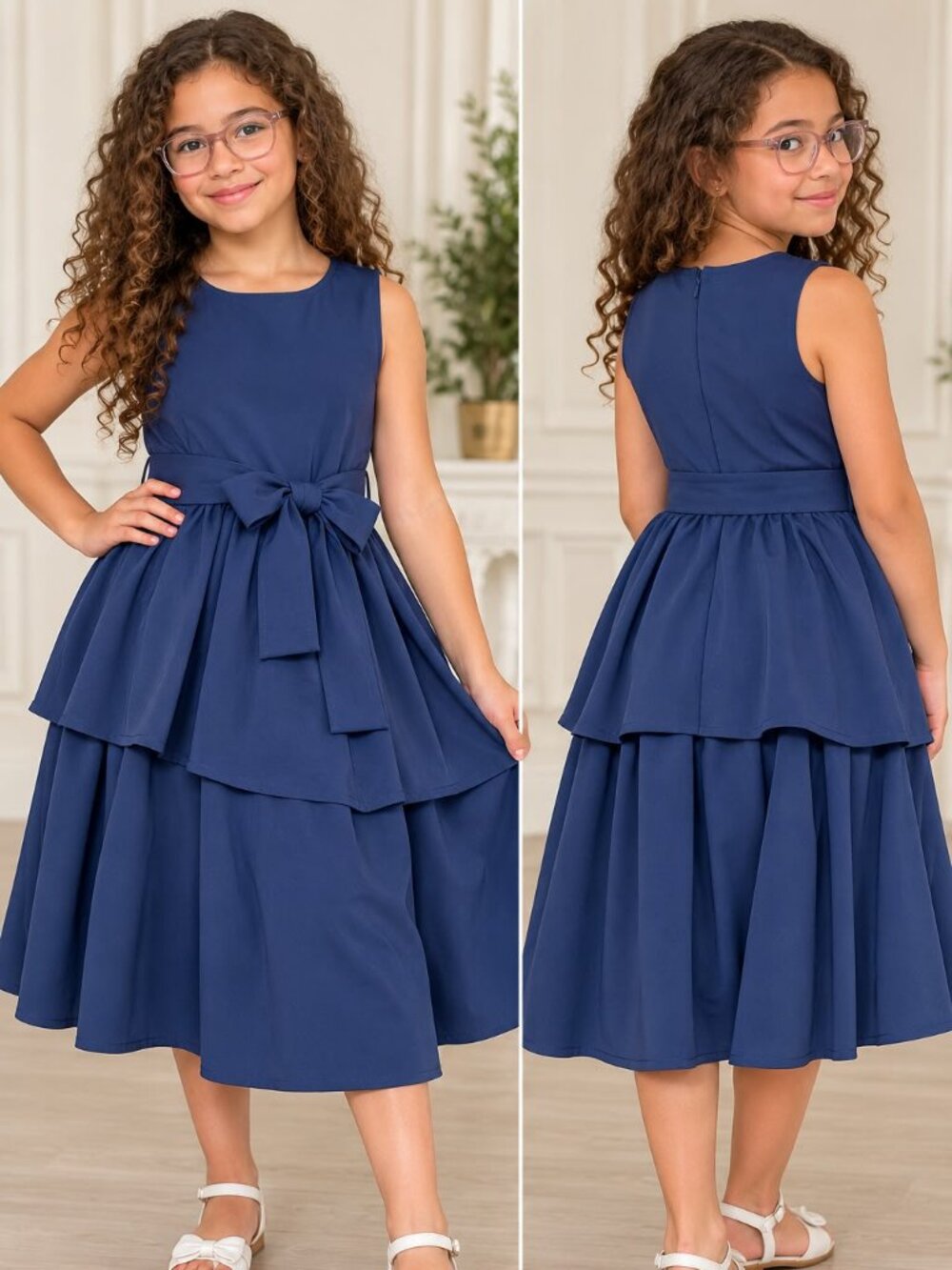Girls Layered Midi Dress with Waist Tie Blue Size 12Y